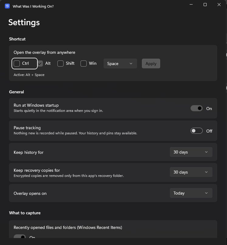 Settings for the app shortcut, activity tracking, startup, and history retention